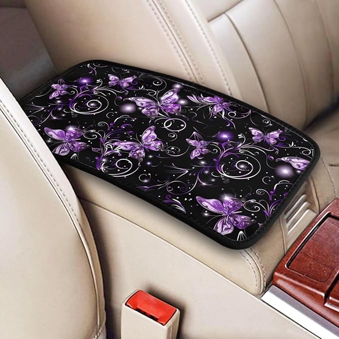 Car Center Console Cover Purple Butterfly Polyester Fabric Auto Armrest Cover Boho Flower Butterflies Cute Hippie Scratch Resistant Wear-Resistant Universal Car Armrest Storage Box Pad
