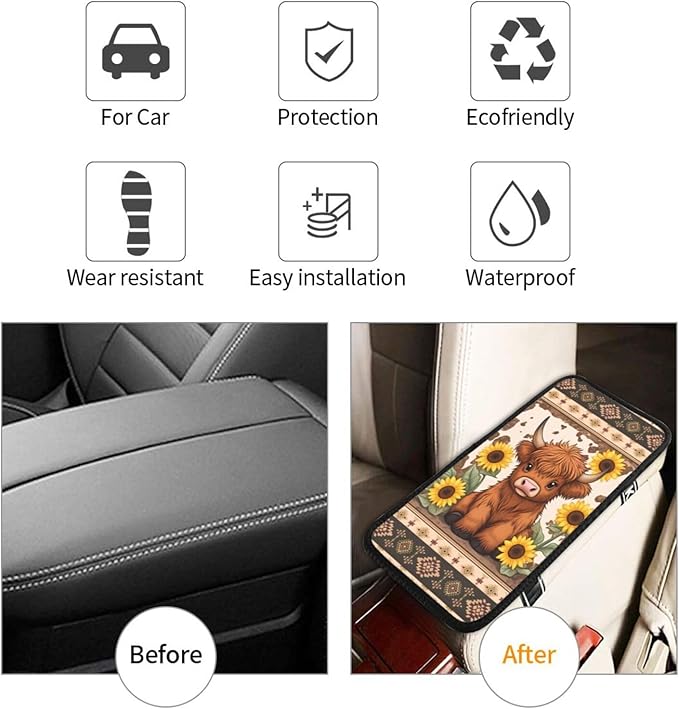 Universal Car Center Console Cushion Pad, Cute Highland Cow Sunflower Soft Waterproof Car Center Console Cover Auto Armrest Seat Box Cover Protector for Most Vehicle SUV Truck Car