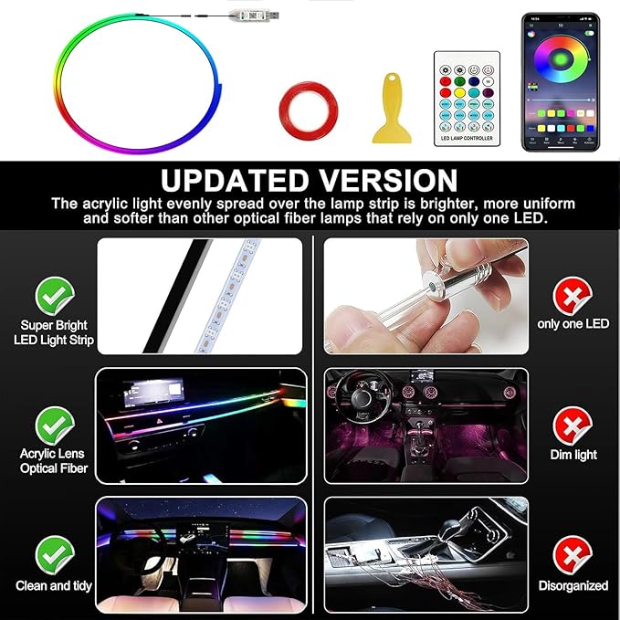 Dreamcolor Acrylic Interior Car LED Strip Lights,43.3in USB RGB Neon Flexible Strip Fiber Optic LED Ambient Lighting Kits with Remote APP, RGB Music Lights Sync for Inside car Decorations
