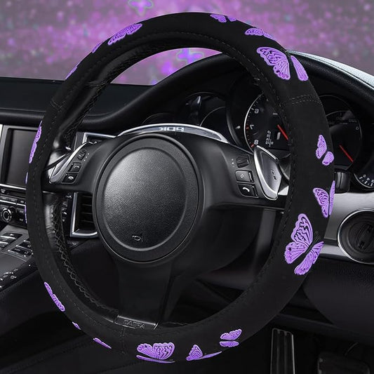 Car Pass Purple Butterfly Steering Wheel Covers, 14.5" to 15.5" Car Wheel Cover Universal Fit for Suvs, Small Trucks, Sedans, Cars for Cute Women Girly (Black and Purple)