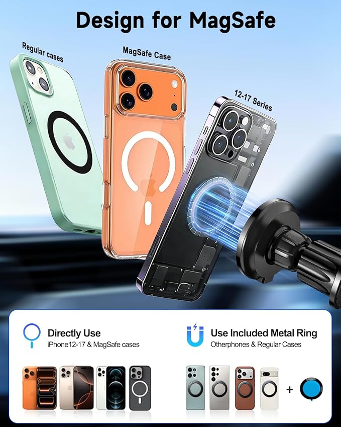 for MagSafe Car Mount Charger, 15W Fast Charging Magnetic Wireless Car Charger, [3000gf Ultra Magnet] Magnetic Phone Holder for Your Car, 360° Air Vent/Dashboard Car Bracket Stand for iPhone & Android