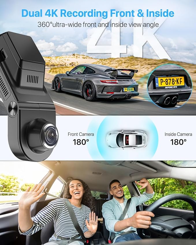 Dash Cam, 360° Dash Cam Front and Rear Inside, 4K/2.5K UHD Dash Camera for Cars, Night Vision, Built-in 5G WiFi & GPS, G-Sensor, 185° Wide Angle, HDR, Parking Mode, Support 512GB Max