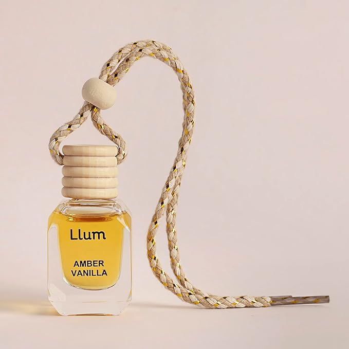 Llum Amber Vanilla Hanging Car Air Freshener – Luxury Automotive Perfume Diffuser 10ml (0.34 fl oz), Long-Lasting Fragrance, Alcohol-Free Non-Toxic Car Scent, Glass Bottle With Wood Cap