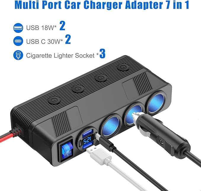 12V 24V Car Charger Socket Splitter with 10FT/3M Cable, 3 Cigarette Lighter Socket Multi 4 Port Adapter Plug with LED Display Master Switch Independent Switch,12 Volt Power Outlet with Eyelet Terminal