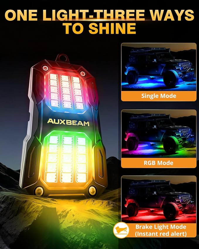 Auxbeam 4 Pods RGB LED Rock Lights Dynamic Color Changing with Brake Mode Wheel Well Lights w/Bluetooth APP+Remote Control Music Voice Sync IP67 Waterproof Underglow Kit for Trucks ATV 1 Year Warranty