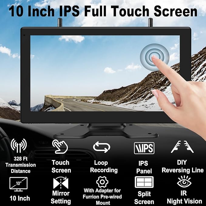 10'' Wireless Backup Camera System, 2 HD 1080P IP69 Waterproof Cameras with Large IPS Full Touch Screen 4 Channels Monitor, IR Night Vision Reverse Camera for RV Truck Trailer Camper