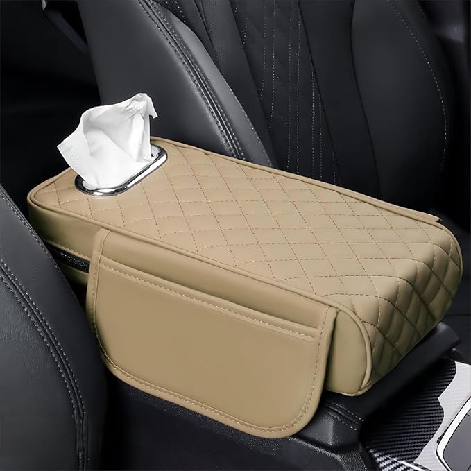 Car Center Console Cover for Infiniti FX SUV FX35 / FX37 / FX40 / FX45 /FX50, Leather Car Arm Rest Cover, Car Armrest Cushion with 2 Storage Bags Car Center Console Armrest Pad,A Beige