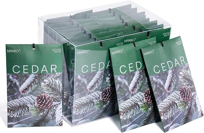 MYARO 20 Pack Cedar Scented Sachets - Woody Aroma Freshener Bags for Closet, Drawer & Car, Odor Eliminator for Clothes, Small Storage - Home Fragrance Potpourri Bags