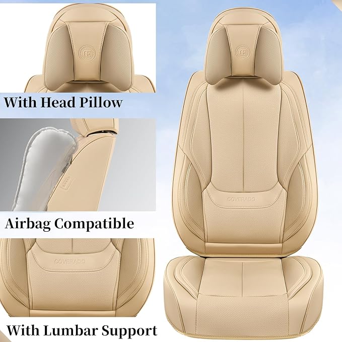 Coverado Universal Seat Covers Full Set, 5 Seats Universal Seat Covers for Cars, Waterproof NAPPA Leather Car Seat Covers with Head Pillow, Seat Protectors Fit for Most Sedans SUV Pick-up Truck, Beige