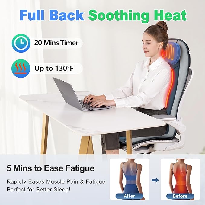 Vibration Back Massager with Heat for Chair, Massage Pad with Neck Support, Short Plush Cover, Seat Cushion for Seniors, Office Workers & Family,Fatigue & Pain Relief in Office,Home & Travel