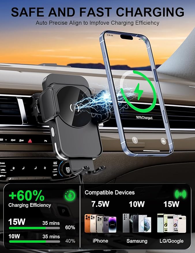 bokilino Wireless Car Charger, 15W Fast Charging [Auto Clamping] [Auto Alignment] Phone Holders for Your Car Dashboard Windshield Air Vent Car Accessories for iPhone 17 16 15 14 13 12 Series, Black
