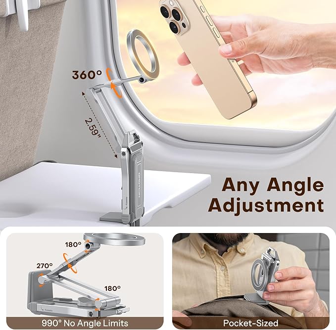 OMOTON TP02 360°Rotating for MagSafe Tripod Mount, Adjustable Aluminum Magnetic Phone Tripod for iPhone 17/16/15/14 Pro Max Air, Foldable Cell Phone Stand Fits Vlog, Gym, Travel Essentials, Silver