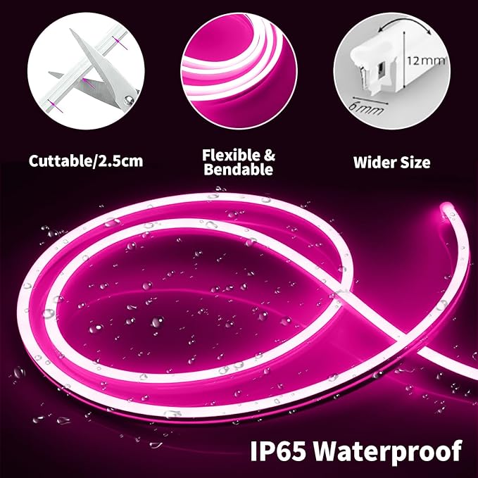 iNextStation 16.4FT/5M Pink LED Strip Lights, DC12V Silicone Neon Light Strip, IP65 Waterproof Led Rope Lights 0.98In Cuttable for DIY, LED Light Strip for Bedroom, Indoor, Outdoor(No Adapter)