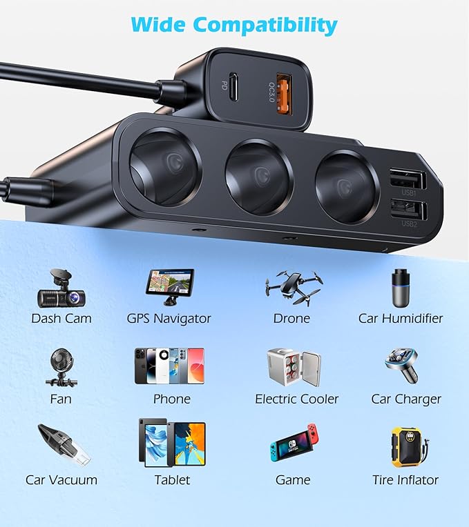 9 in 1 Cigarette Lighter Splitter, USB C Car Charger Adapter with PD30W, 3 Sockets with Independent Switches, LED Voltmeter 12V Power Outlet TSNAM