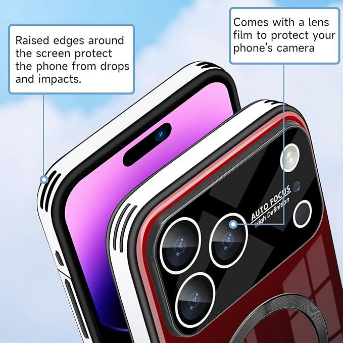 Guppy Compatible with iPhone 17 Pro Max Magnetic Case, with Full Camera Lens Protector [Compatible with MagSafe] Scratch Resistant Gradient Glass Back Cover Phone Case-Red