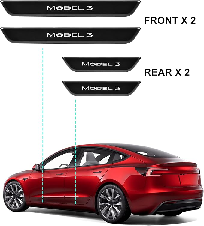 LED Door Sill Lights for Tesla Model 3 2017-2025 Accessories, ABS Scratch-Resistant Sill Protector with 7-Color RGB Lighting, Battery Powered Model 3 Pedal Mood Lamp, Matte Black, 4PCS