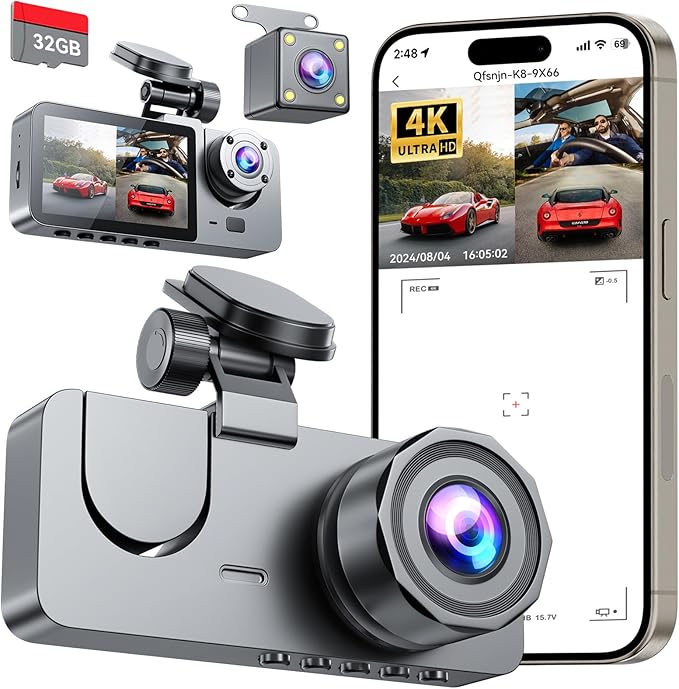 Dash Cam Front and Rear Inside 3 Channel, 4K Full UHD Dash Camera for Cars Built-in 32GB Card with IR Night Vision, 24 Hours Recording, Loop Recording, G-Sensor (Black)