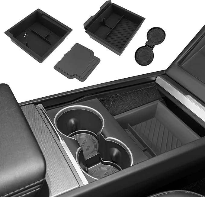 Center Console Organizer Tray for Model Y Juniper 2025 2026 & Model 3 Highland (2024-2026), Double-Layer Sliding Hidden Armrest Storage Box, Tesla Accessories (Matte Black)