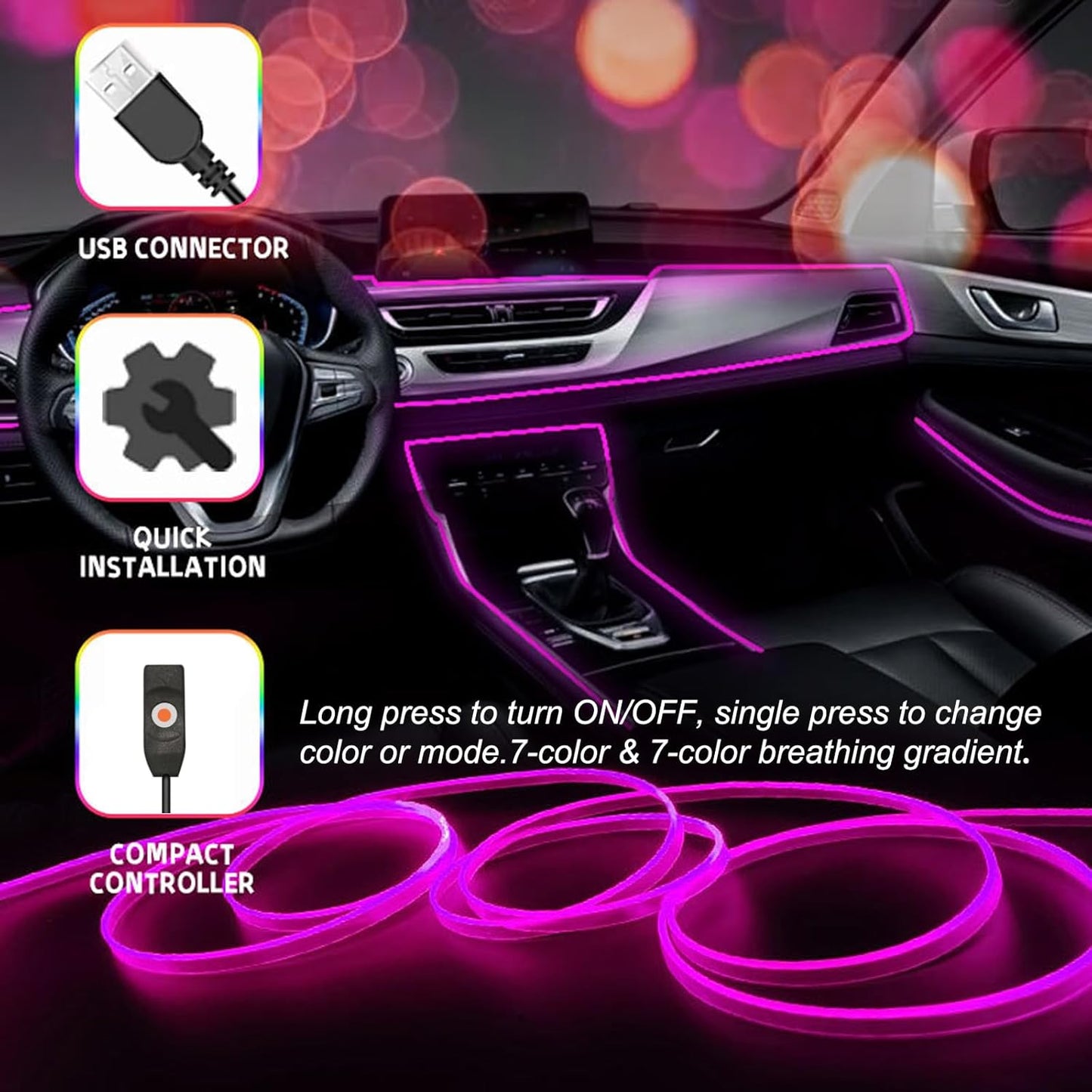USB Car LED Lights, Interior Car Lights Strip 7 Colors Ambient Lighting with 118 inches Fiber Optic Music Sync Simple Installation EL Wire Lights (7 Colors/118 inches)