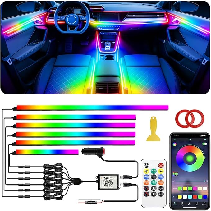 Acrylic Interior Car LED Strip Light with APP Remote Control, 175in 6 in 1 RGB Dreamcolor Neon Flexible Strip Fiber Optic LED Ambient Lighting Kits,RGB Music Lights Sync for Inside car Decorations
