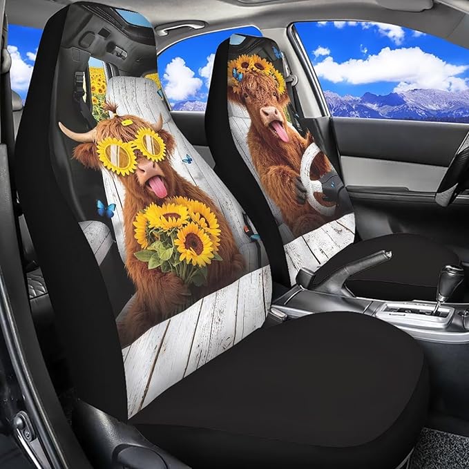 Highland Cow Car Front Seat Covers Set of 2 Nonslip Car Seat Covers Front Seats Only Stretch Polyester Fabric Cover Cars Seats Covers Protector for Cars Sedans SUVs