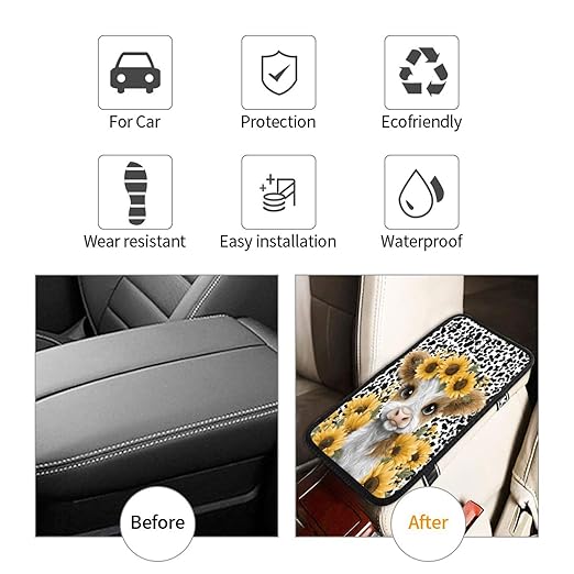 Highland Cow with Sunflowers Car Auto Armrest Cushion Cover Accessories Center Console Seat Box Pad Protector Universal Decoration for Most Vehicle SUV Truck
