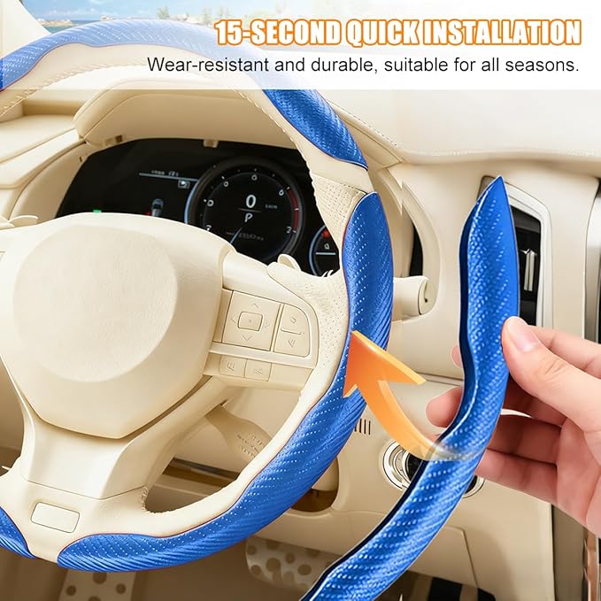 3PCS Carbon Fiber Car Steering Wheel Cover, Leather Segmented Anti-Skid Steering Wheel Protector, Snap on Automotive Interior Protection Accessories, Universal for Vehicles (Blue)