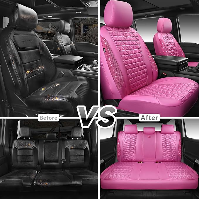 CAR PASS Hot Pink Bling Diamond Leather Car Seat Covers Full Sets, Waterproof Shining Glitter Sparkly Crystal Universal Armrest Fit for Automotive Truck SUV Cute Women Girl,Hot Pink Rhinestone