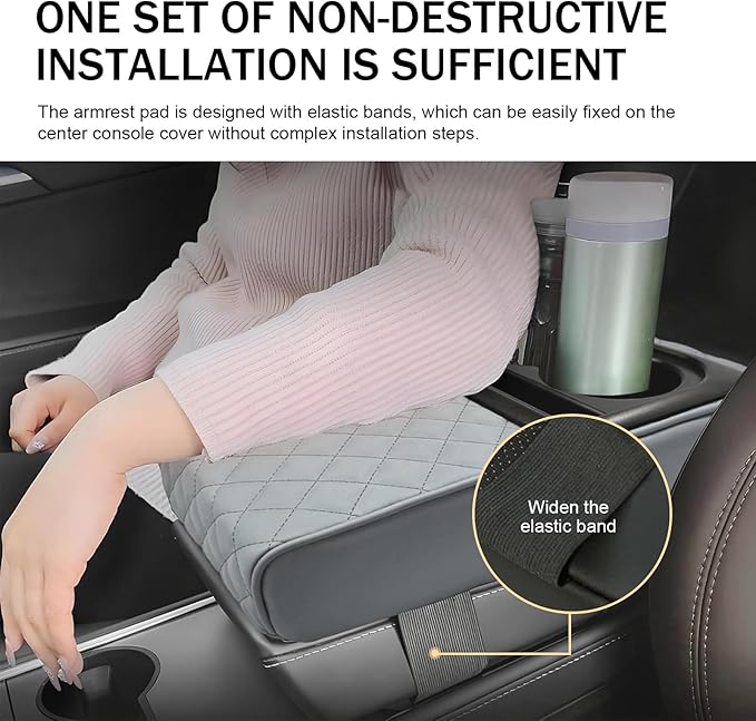 Car Center Console Armrest Pillow, 14"×8.3" Leather Memory Foam Armrest Cushion with Cup Holder & Phone Holder, Waterproof & Anti-Scratch Arm Rest Protector, Universal for Most Cars (Gray)