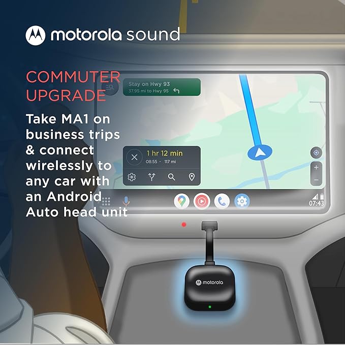 Motorola Sound MA1, the Only Google Authorized Wireless Android Auto Car Adapter, Smartphone to Screen Wireless Bridge Car Accessories, USB Type-A