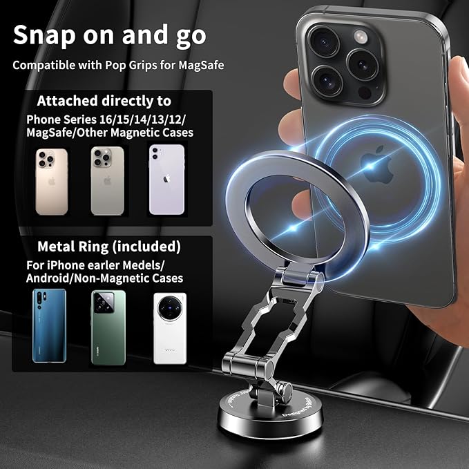 Blekon Magnetic Phone Holder for Car – Compatible with MagSafe Car Mount &Tesla Screen, Flexible All-Metal 3-Axis 360° Rotation & Strong Magnets, Fits iPhone 16/15/14/13/12 Pro Max