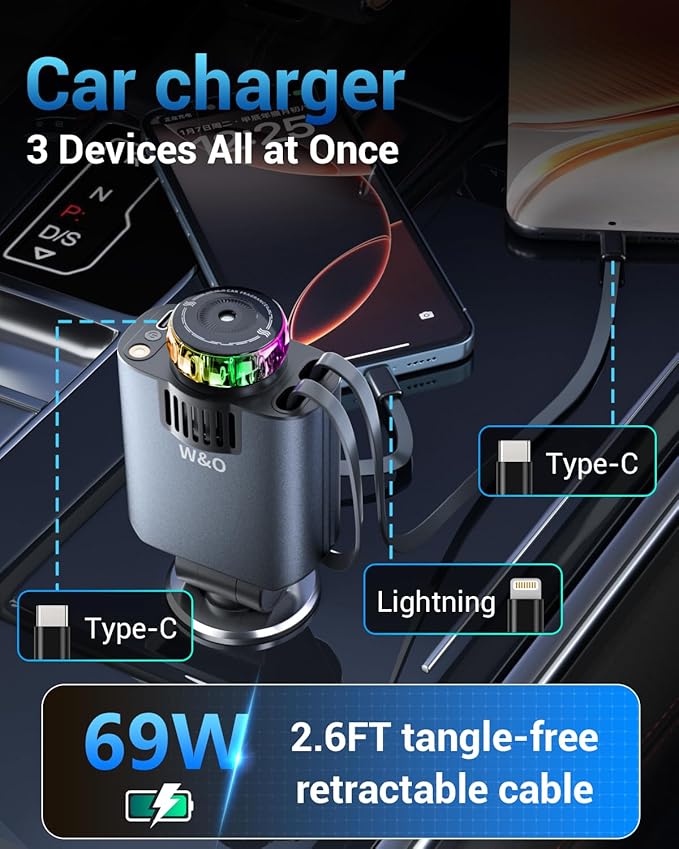 W & O Car Charger Fast Charging for iPhone，Retractable car Charger with Aromatherapy and Starlight,69W 5 in 1 Fast Charging Car Charger,Car Charger Adapter for iPhone 16 15 Pro Max, Galaxy S25（Red