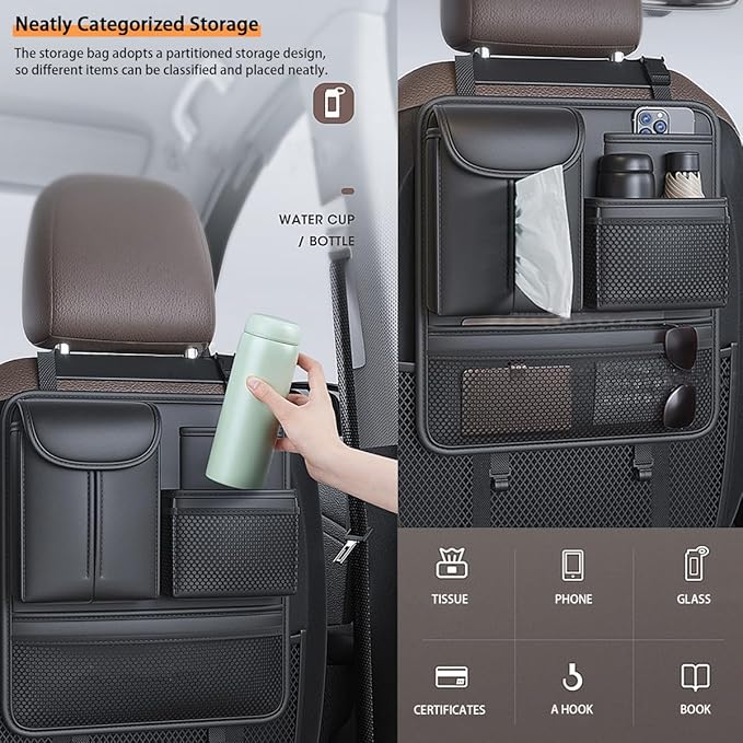 Backseat Car Organizer,5 Storage Pocketscar Seat Organizer,Car Storage Organizer with Foldable Food Tray,Car Seat Back Protectors Kick Mats Travel Accessories