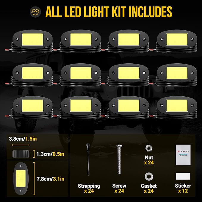 Hovano 12 Pods COB White Rock Lights, 120 COB Chips 6500K Pure White Super Bright Neon Underglow, IP68 Waterproof Shockproof Off-Road Light Kit for Pickup Trucks, SUV, UTV, ATV, RZR, Cars & Boats