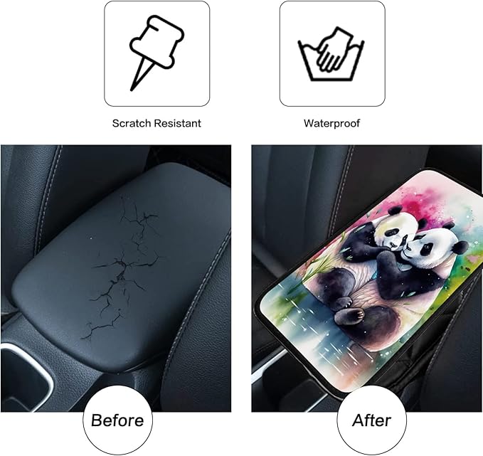 Car Armrest Cover Pads Universal Fashion Cute Auto Center Console Armrest Cover Pad with 2PCS Car Coasters Soft Waterproof Car Armrest Seat Protector for Women Girls, Cute Panda