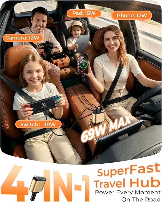 2026 MimAuto 4 in 1 Retractable Car Charger, Car Charger USB C Fast Charger, Car Charger for iPhone 17/16/15/14/13, Samsungs, Tablets, Dash cams, Switch, Gold Car Accessories for Men Women
