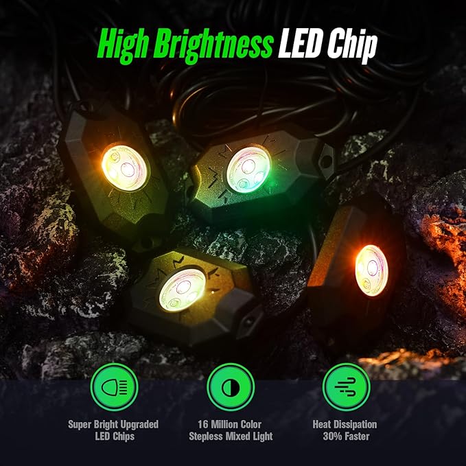 4 Pods RGB LED Rock Lights Kit, Underglow Multicolor Neon Light Pod with Bluetooth App Control, IP68 Waterproof High Brightness Dynamic Music Mode Wheel Well Light for Truck ATV UTV RZR SUV Golf Cart