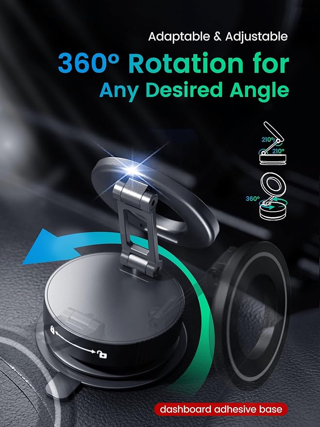 Vacuum Magnetic Phone Holder for MagSafe,Foldable Metal Suction Cup Phone Mount,360° Rotatable Phone Mount for All Smartphones & All Car Models-Black