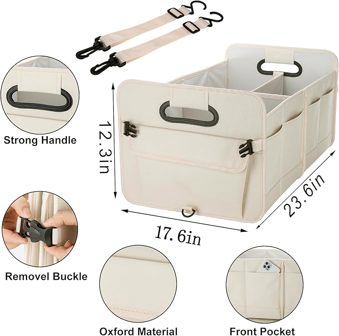 titiyiof Trunk Organizer For Suv & Sedan,Car Organizers and Storage, Waterproof Collapsible & Adjustable Straps,Sturdy Car Organization for Car Accessories, Tools,Food，Sundries,2-3 Compartment（Beige）