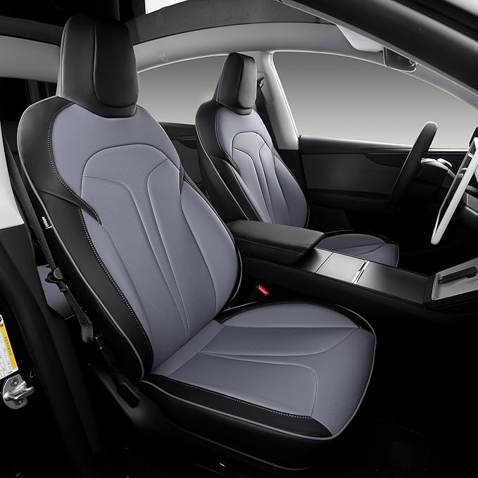 Custom Fit Seat Covers for 2025 2026 Tesla Model Y Juniper (5-Seater), Waterproof Breathable Nappa Leather, OEM Factory Style Full Set Car Seat Protectors Airbag Compatible - Black+Grey