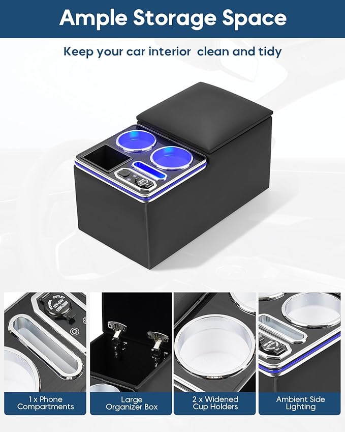 Upgraded Center Console, Wireless Charging Phone Holder & Cup Holders Armrest Organizer for Car Minivan Truck Van, Universal Rear Bench Seat Storage Box with 7 Modes LED Light
