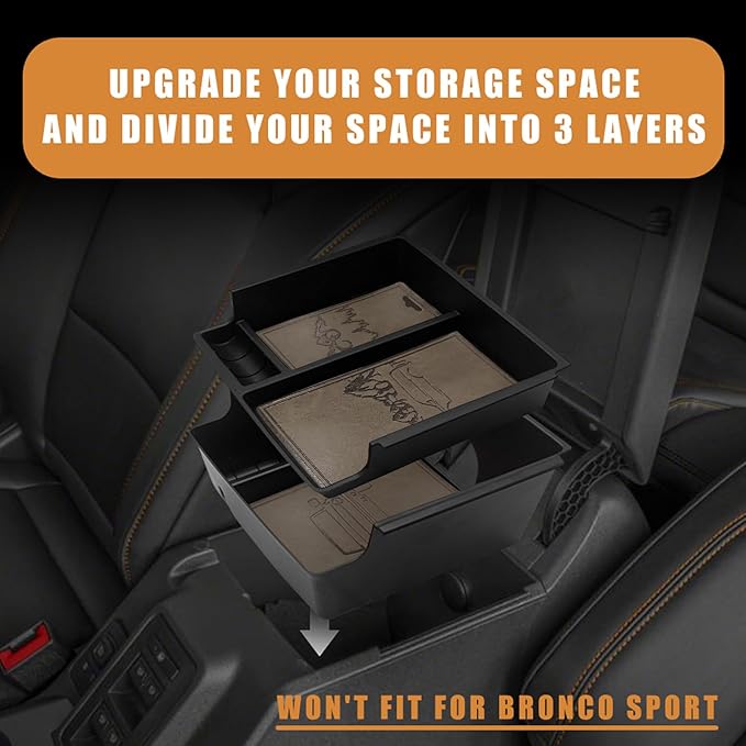 TripleAliners Center Console Organizer Compatible with 2021-2024 Ford Bronco(No for Sport) Accessories 2/4-Door Center Console Storage Box ABS Material with Leather Trim(V2_Retro Grey) Won't Fit 2025