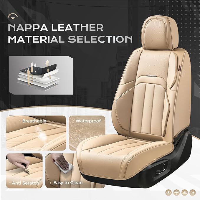 Coverado Car Seat Cover, Cover for Cars Full Seat, Premium Leather, Universal Fit Waterproof Seat Protectors, Car Seat Cushion Non-Slip for Most Cars-Beige