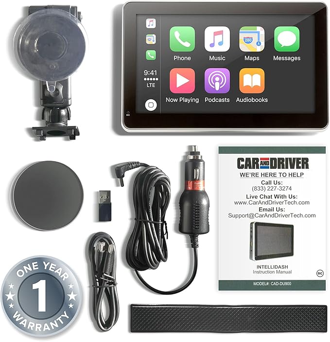 Car and Driver INTELLIDASH with Apple Carplay and Android Auto, 7'' IPS Touchscreen Multimedia Player with Bluetooth, Mirror Link, SiriusXM, Google, Siri Assistant Dash or Windshield Mounted