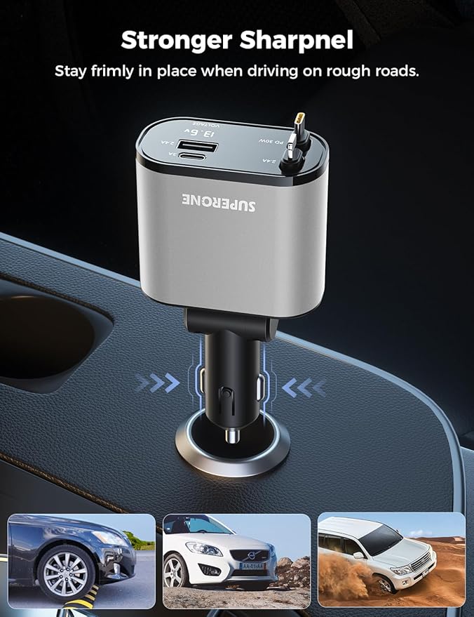 SUPERONE 【Upgraded】 Retractable Car Charger 4 in 1, Fast Car Phone Charger with Cord 2.6ft, USB C and Apple Car Charger Adapter, Compatible with iPhone 17/16/15/15 Pro Max/14/13/12/11, Galaxy, Pixel