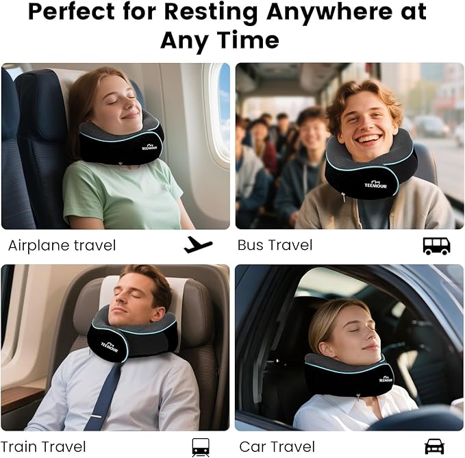 Travel Pillow Neck Pillow for Airplane Travel Essentials - Memory Foam Travel Neck Pillow, Stops Head Bobbing With Eye Mask & Earplugs, Portable Carry Bag for Long Flights| Airplane Accessories Black