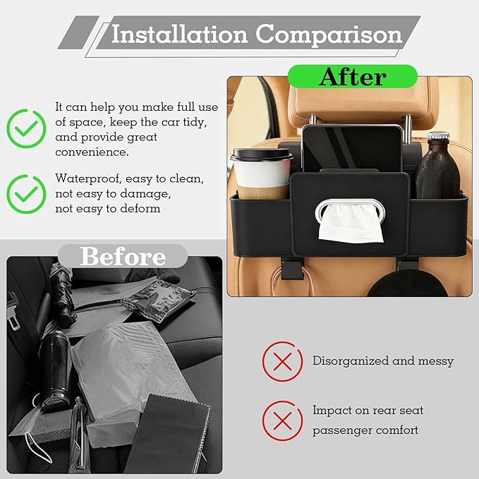 4-in-1 Back Seat Car Organizer, Upgraded Multifunctional Car Storage Box, Hanging Back Seat Storage Organizer, Partition Design, with Phone Holder, Tissue Box, 2 Cup Holders, 2 Hooks