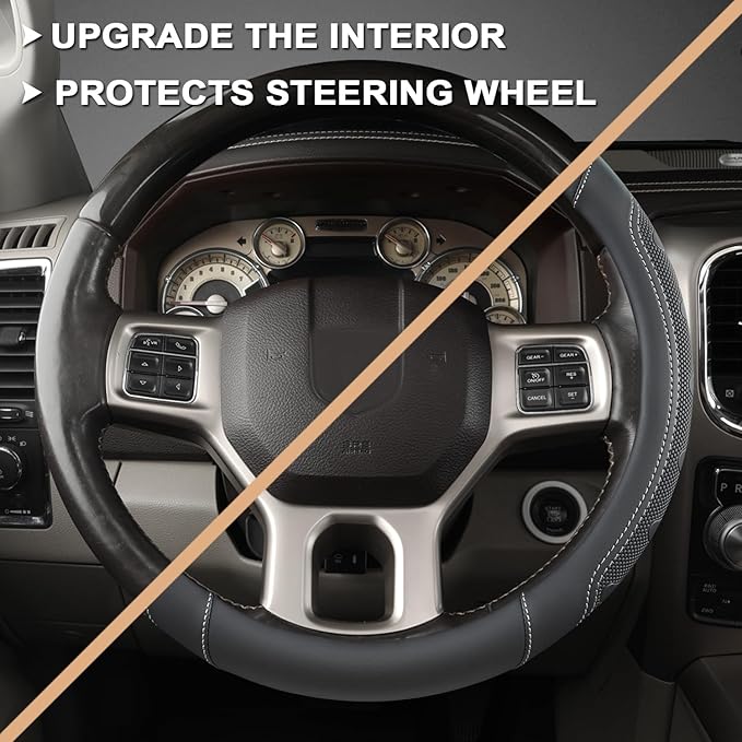 GIANT PANDA Car Steering Wheel Cover for RAM 1500 2500 3500, Compatible with Dodge RAM 15.5-16 inches - Black+Gray Line