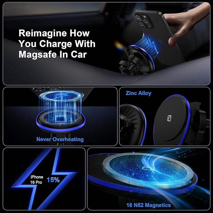 Wireless Mag Car Mount Charger for Samsung Galaxy S26 Ultra S26 Plus S25 Ultra S24 FE S23 Plus S22 S21 S20, 15W Magnetic Auto Phone Charging Car Wireless Charger for Google 10 9A 8A 7 8 9 Pro Fold XL