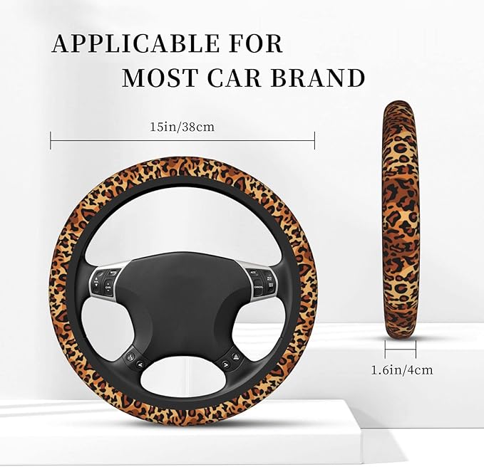 Leopard Print Steering Wheel Cover Women Men Elastic Stretch Soft Car Wheel Protector Universal Breathable No-Slip Car Accessories for Truck Van SUV Auto Fit 14-15 Inches